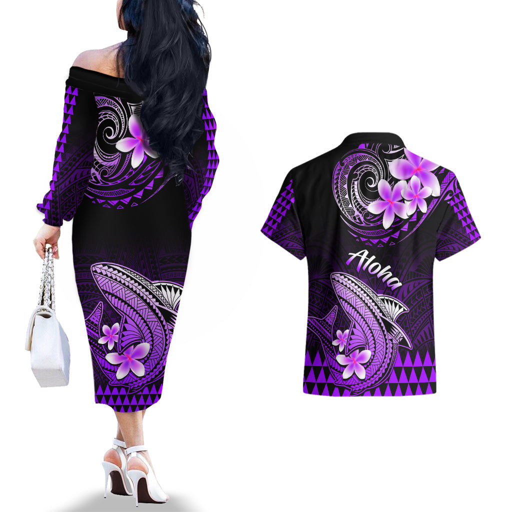 Hawaii Couples Matching Off The Shoulder Long Sleeve Dress and Hawaiian Shirt Polynesian Shark with Kakau Purple Version LT01 - Polynesian Pride