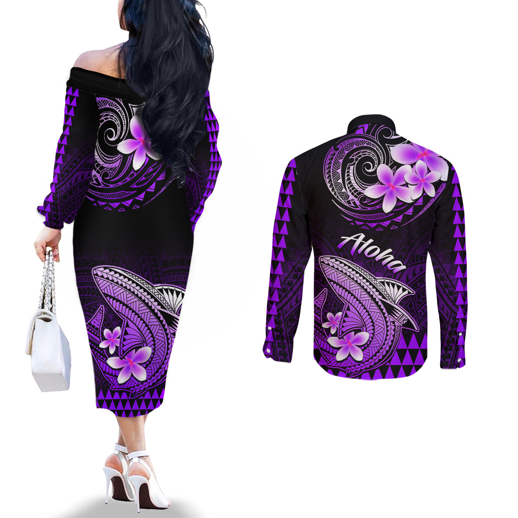 Hawaii Couples Matching Off The Shoulder Long Sleeve Dress and Long Sleeve Button Shirts Polynesian Shark with Kakau Purple Version LT01 - Polynesian Pride