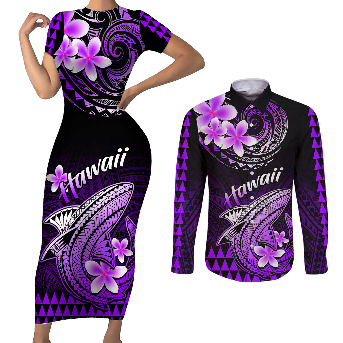 Hawaii Couples Matching Short Sleeve Bodycon Dress and Long Sleeve Button Shirts Polynesian Shark with Kakau Purple Version LT01 Purple - Polynesian Pride