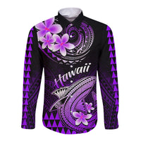 Hawaii Long Sleeve Button Shirt Polynesian Shark with Kakau Purple Version LT01 Unisex Purple - Polynesian Pride