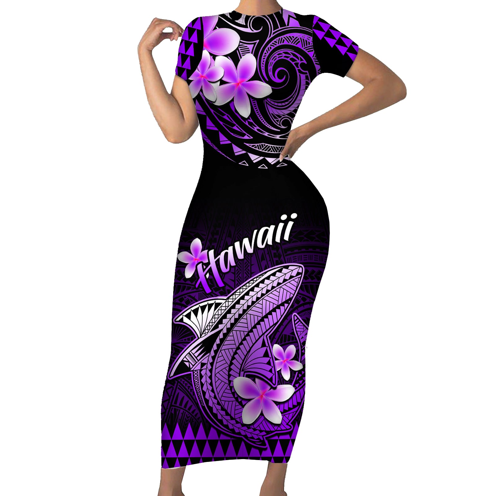 Hawaii Short Sleeve Bodycon Dress Polynesian Shark with Kakau Purple Version LT01 Long Dress Purple - Polynesian Pride