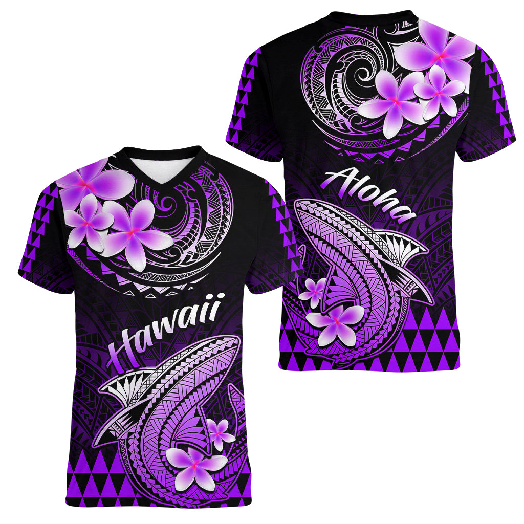 Hawaii Women V Neck T Shirt Polynesian Shark with Kakau Purple Version LT01 - Polynesian Pride