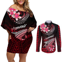 Hawaii Couples Matching Off Shoulder Short Dress and Long Sleeve Button Shirts Polynesian Shark with Kakau Red Version LT01 Red - Polynesian Pride