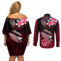 Hawaii Couples Matching Off Shoulder Short Dress and Long Sleeve Button Shirts Polynesian Shark with Kakau Red Version LT01 - Polynesian Pride