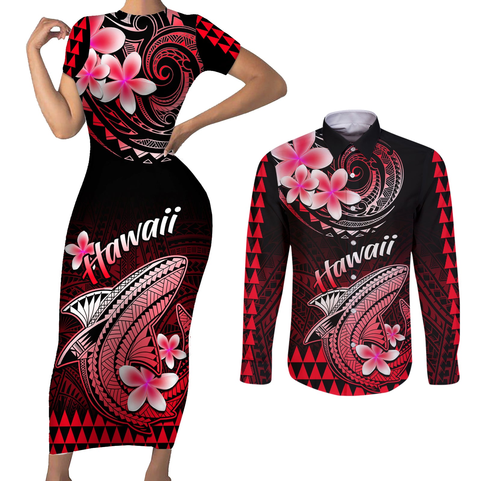 Hawaii Couples Matching Short Sleeve Bodycon Dress and Long Sleeve Button Shirts Polynesian Shark with Kakau Red Version LT01 Red - Polynesian Pride
