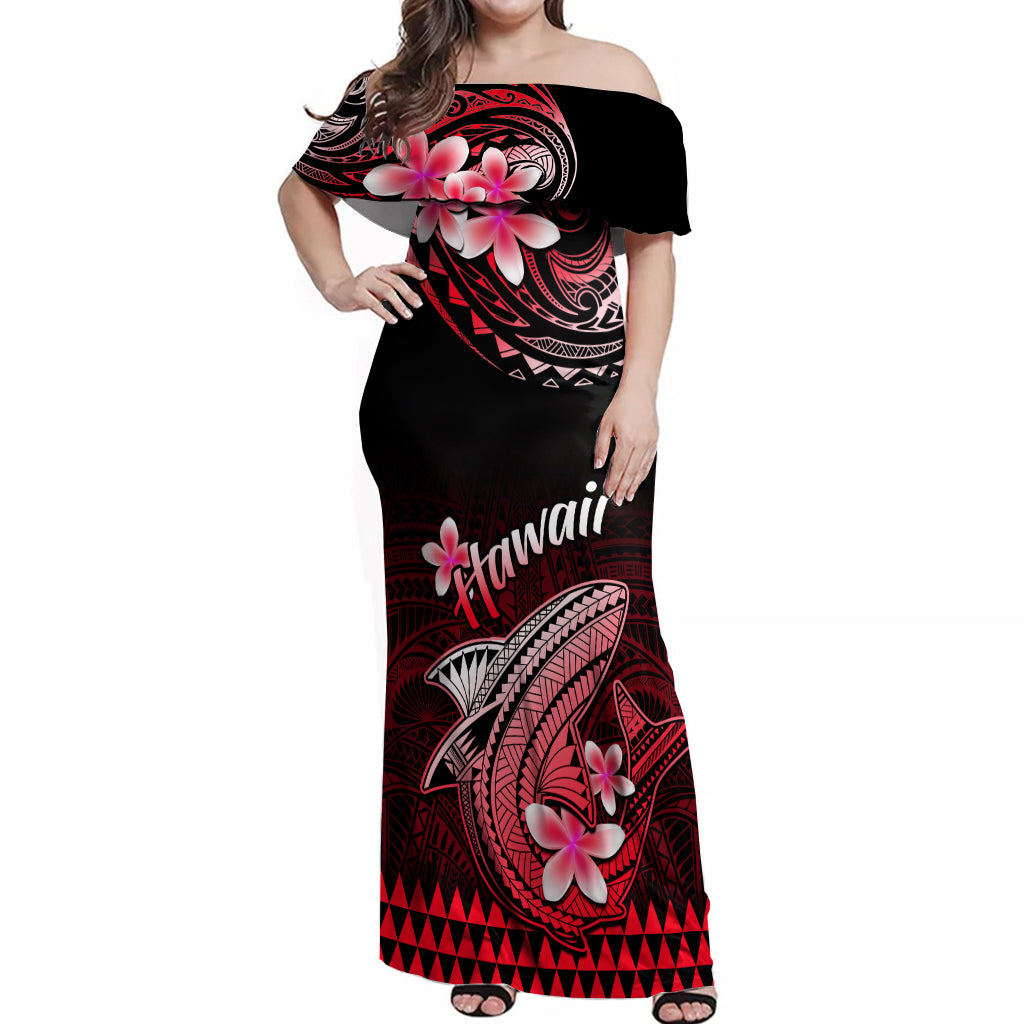 Hawaii Off Shoulder Maxi Dress Polynesian Shark with Kakau Red Version