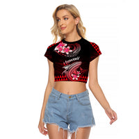 Hawaii Raglan Cropped T Shirt Polynesian Shark with Kakau Red Version LT01 Female Red - Polynesian Pride