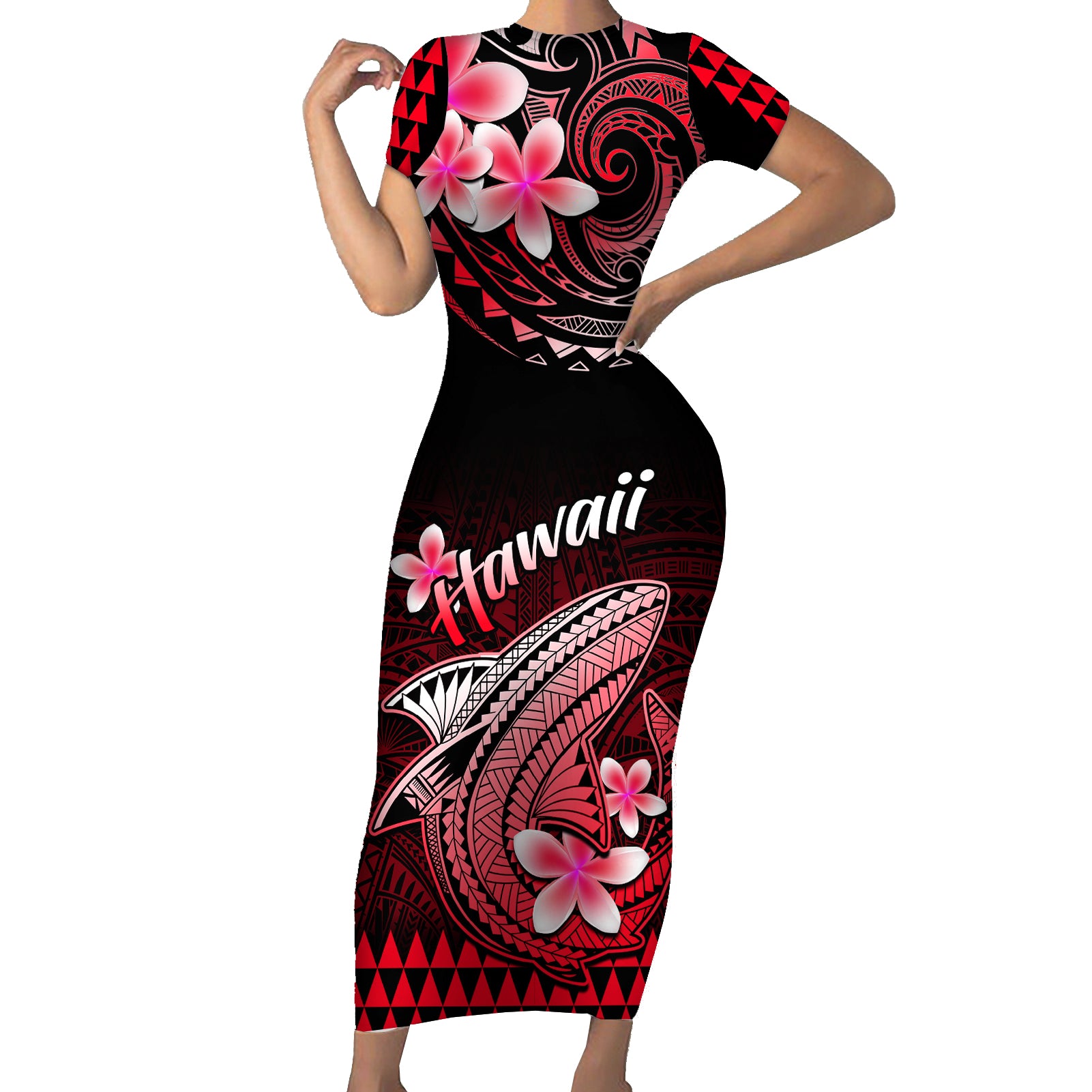 Hawaii Short Sleeve Bodycon Dress Polynesian Shark with Kakau Red Version LT01 Long Dress Red - Polynesian Pride