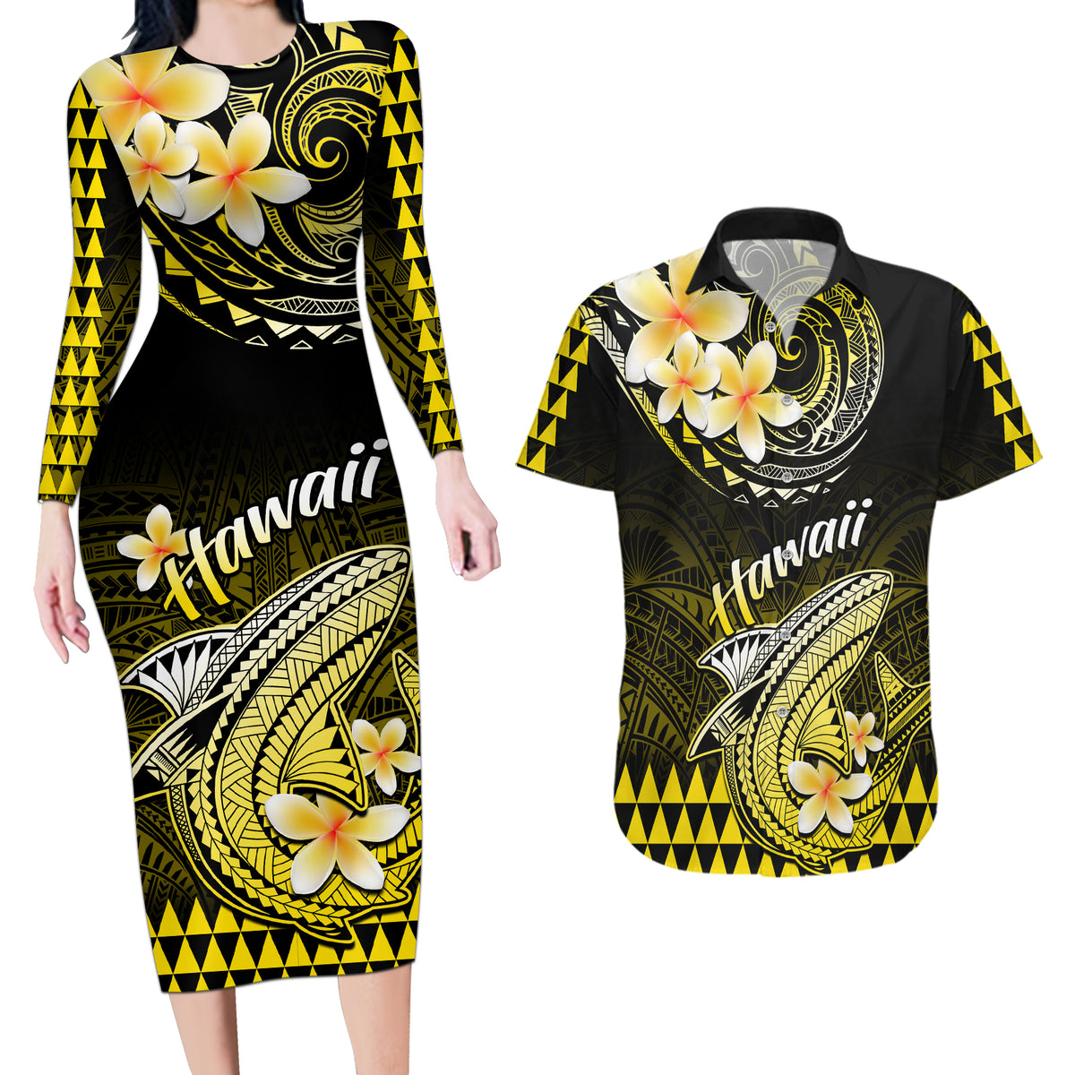 Hawaii Couples Matching Long Sleeve Bodycon Dress and Hawaiian Shirt Polynesian Shark with Kakau Yellow Version LT01 Yellow - Polynesian Pride