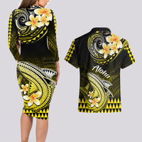 Hawaii Couples Matching Long Sleeve Bodycon Dress and Hawaiian Shirt Polynesian Shark with Kakau Yellow Version LT01 - Polynesian Pride