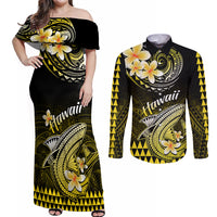Hawaii Couples Matching Off Shoulder Maxi Dress and Long Sleeve Button Shirts Polynesian Shark with Kakau Yellow Version LT01 Yellow - Polynesian Pride