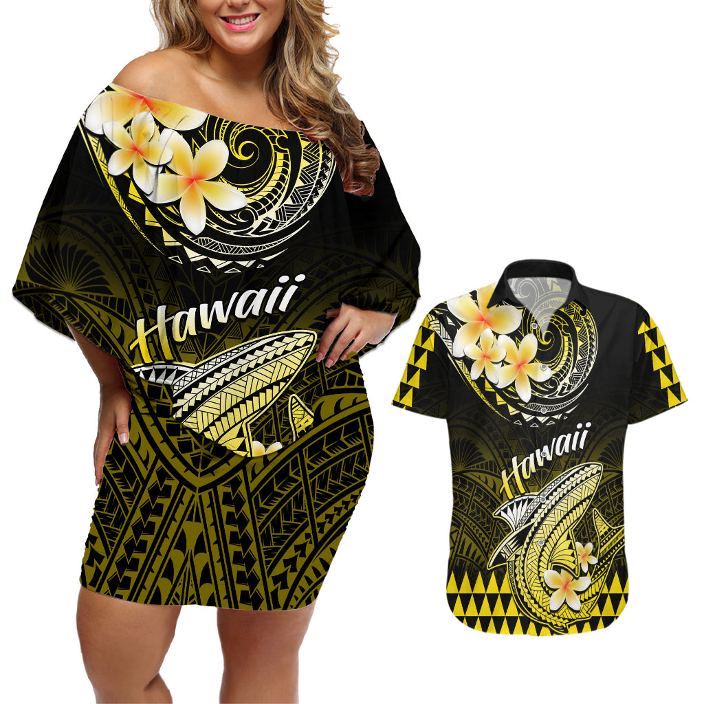 Hawaii Couples Matching Off Shoulder Short Dress and Hawaiian Shirt Polynesian Shark with Kakau Yellow Version LT01 Yellow - Polynesian Pride