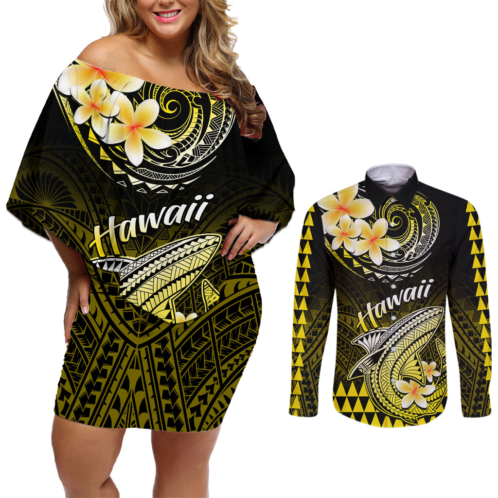 Hawaii Couples Matching Off Shoulder Short Dress and Long Sleeve Button Shirts Polynesian Shark with Kakau Yellow Version LT01 Yellow - Polynesian Pride