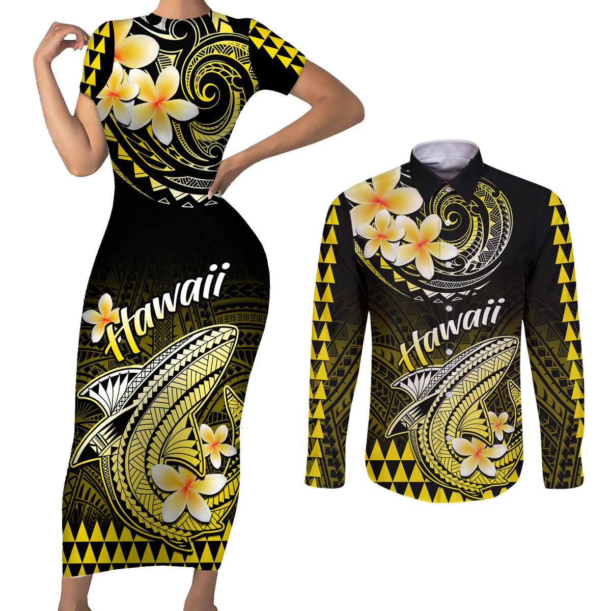 Hawaii Couples Matching Short Sleeve Bodycon Dress and Long Sleeve Button Shirts Polynesian Shark with Kakau Yellow Version LT01 Yellow - Polynesian Pride