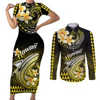 Hawaii Couples Matching Short Sleeve Bodycon Dress and Long Sleeve Button Shirts Polynesian Shark with Kakau Yellow Version LT01 Yellow - Polynesian Pride