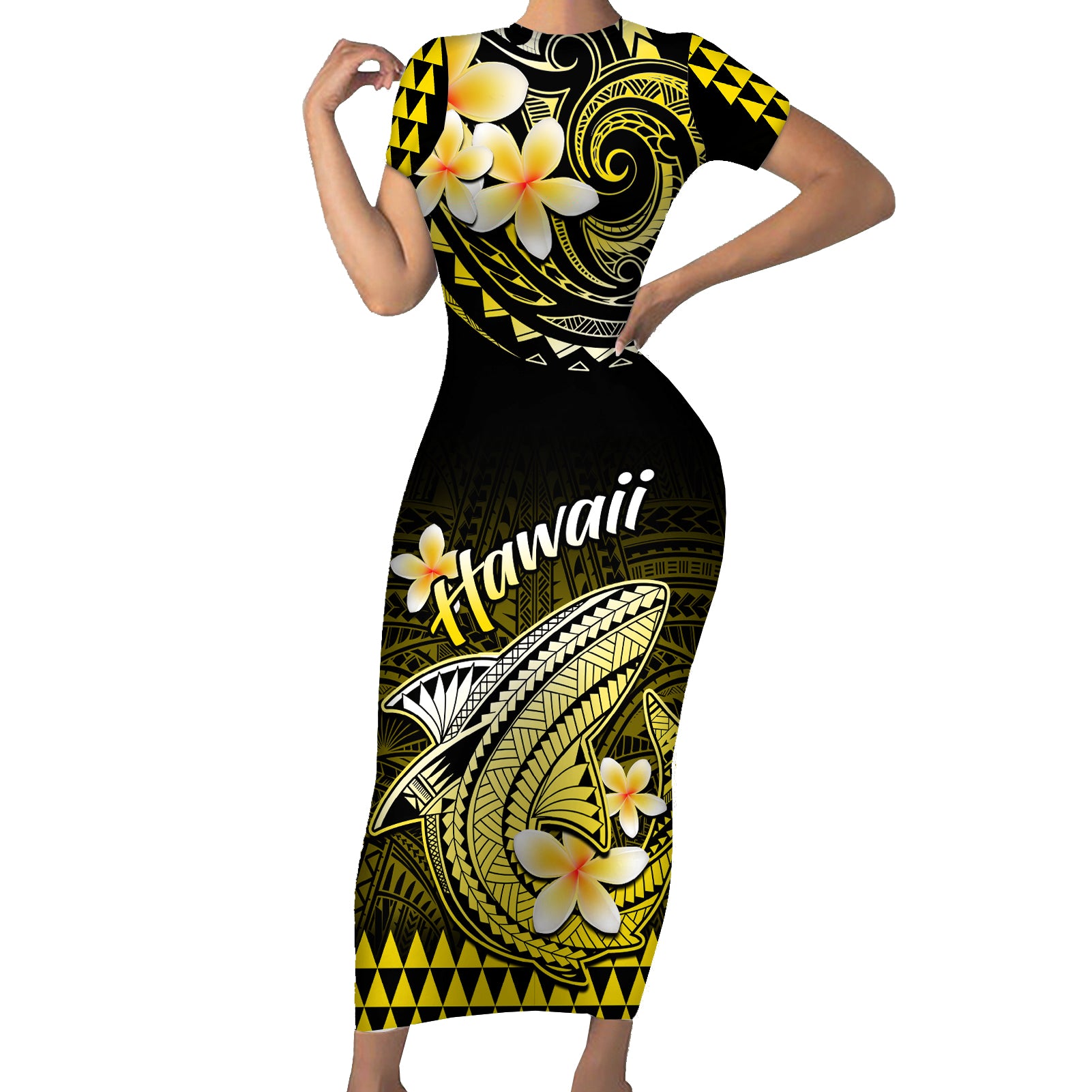 Hawaii Short Sleeve Bodycon Dress Polynesian Shark with Kakau Yellow Version LT01 Long Dress Yellow - Polynesian Pride