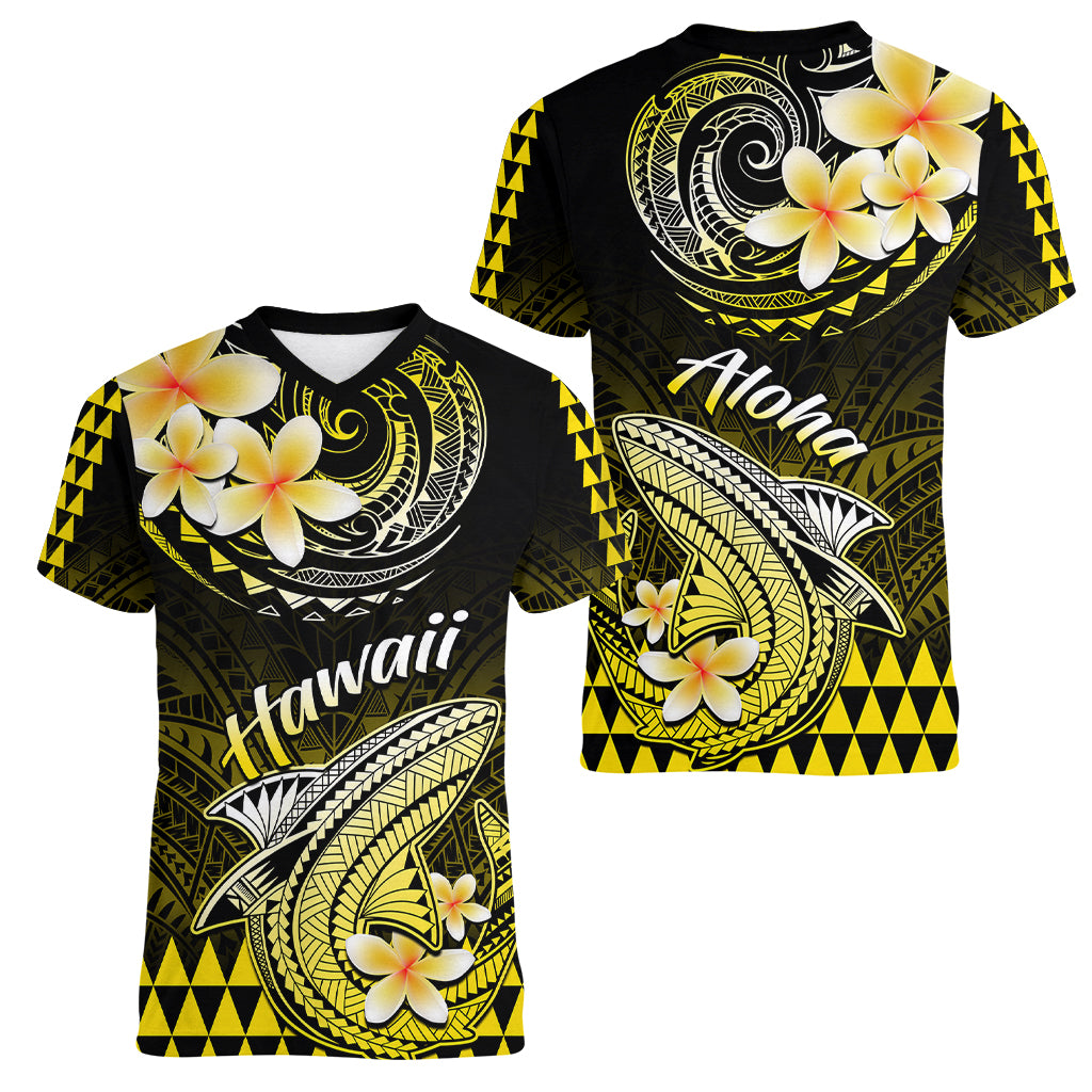Hawaii Women V Neck T Shirt Polynesian Shark with Kakau Yellow Version LT01 - Polynesian Pride