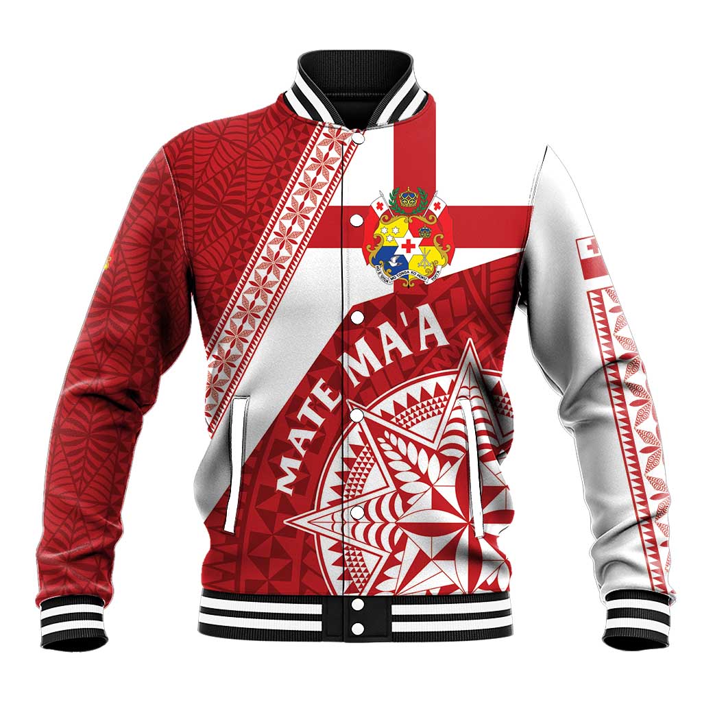 Custom Tonga Rugby Mate Maa Baseball Jacket Ngatu Pattern LT01 Unisex Red - Polynesian Pride