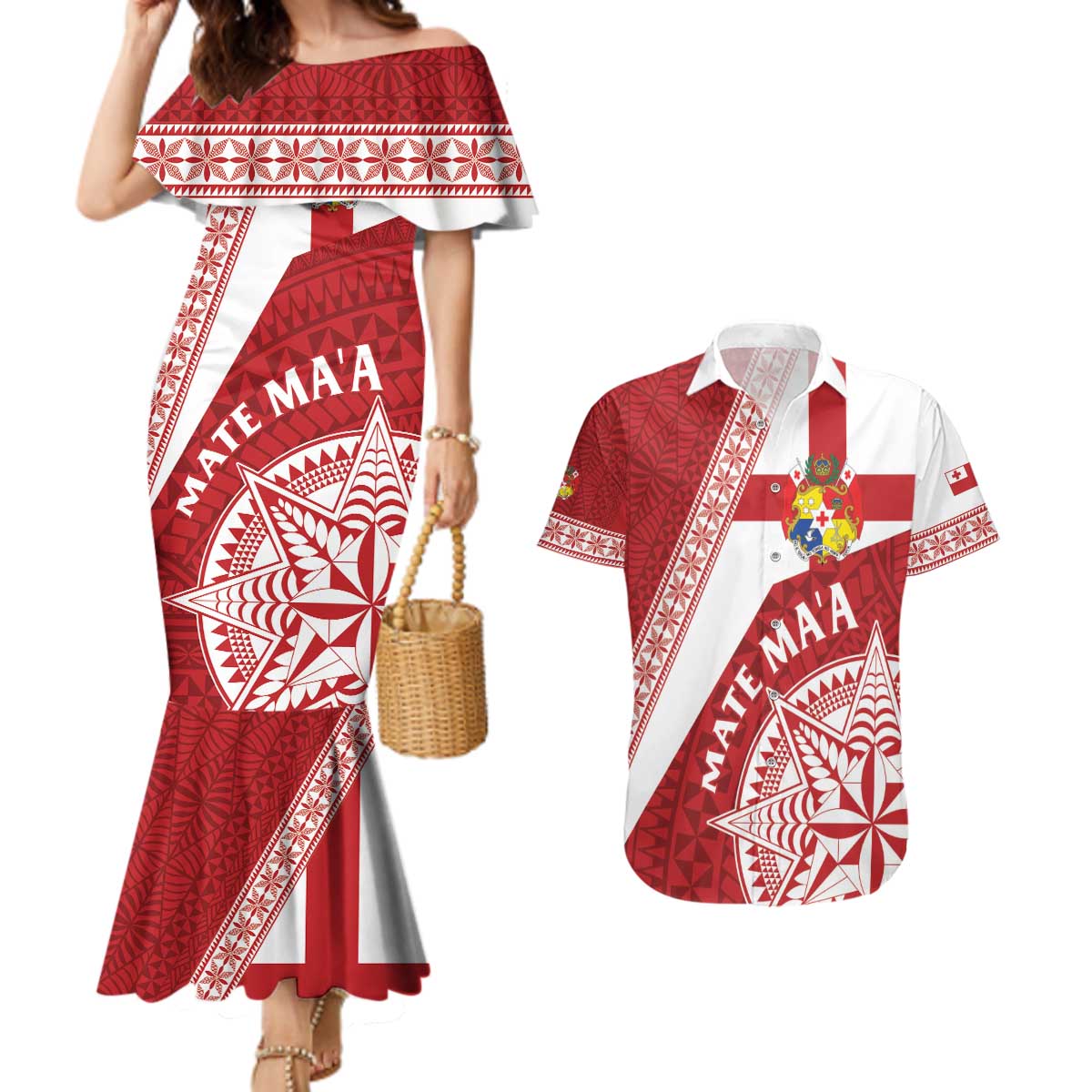 Custom Tonga Rugby Mate Maa Couples Matching Mermaid Dress and Hawaiian Shirt Ngatu Pattern LT01 Red - Polynesian Pride