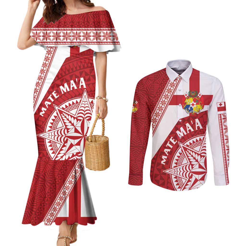 Custom Tonga Rugby Mate Maa Couples Matching Mermaid Dress and Long Sleeve Button Shirt Ngatu Pattern LT01 Red - Polynesian Pride