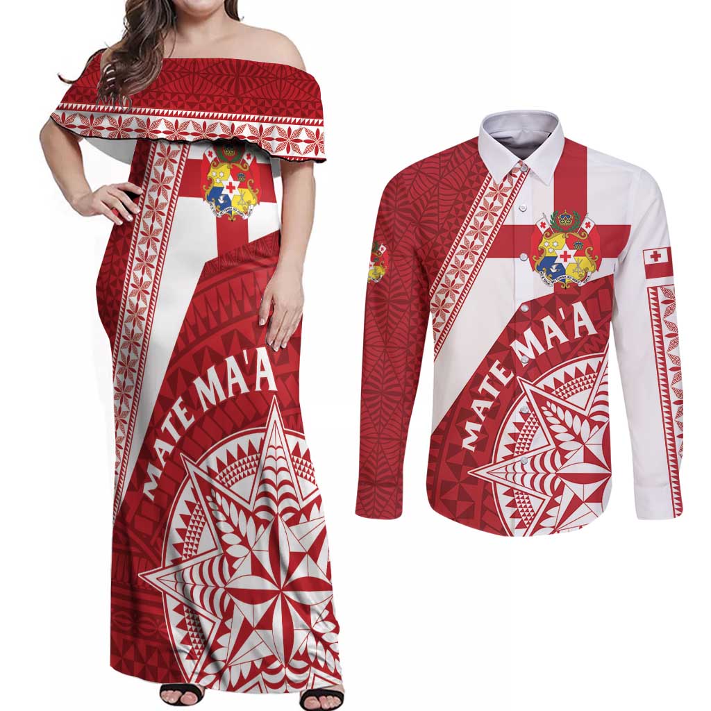 Custom Tonga Rugby Mate Maa Couples Matching Off Shoulder Maxi Dress and Long Sleeve Button Shirt Ngatu Pattern LT01 Red - Polynesian Pride