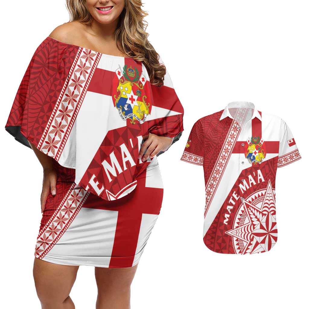 Custom Tonga Rugby Mate Maa Couples Matching Off Shoulder Short Dress and Hawaiian Shirt Ngatu Pattern LT01 Red - Polynesian Pride