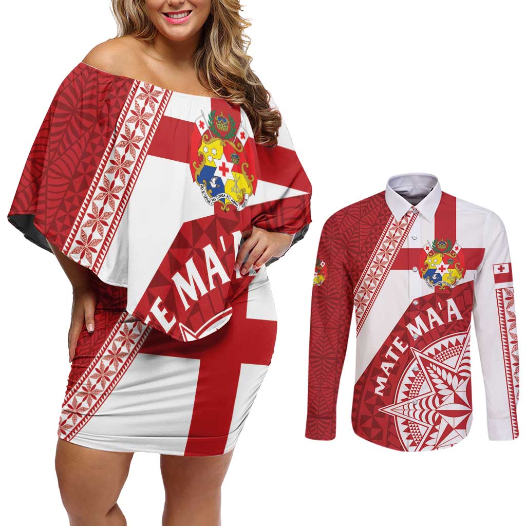 Custom Tonga Rugby Mate Maa Couples Matching Off Shoulder Short Dress and Long Sleeve Button Shirt Ngatu Pattern LT01 Red - Polynesian Pride
