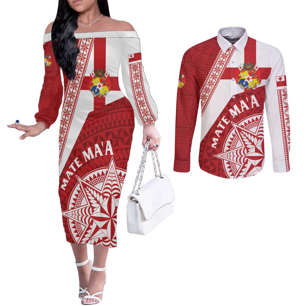 Custom Tonga Rugby Mate Maa Couples Matching Off The Shoulder Long Sleeve Dress and Long Sleeve Button Shirt Ngatu Pattern