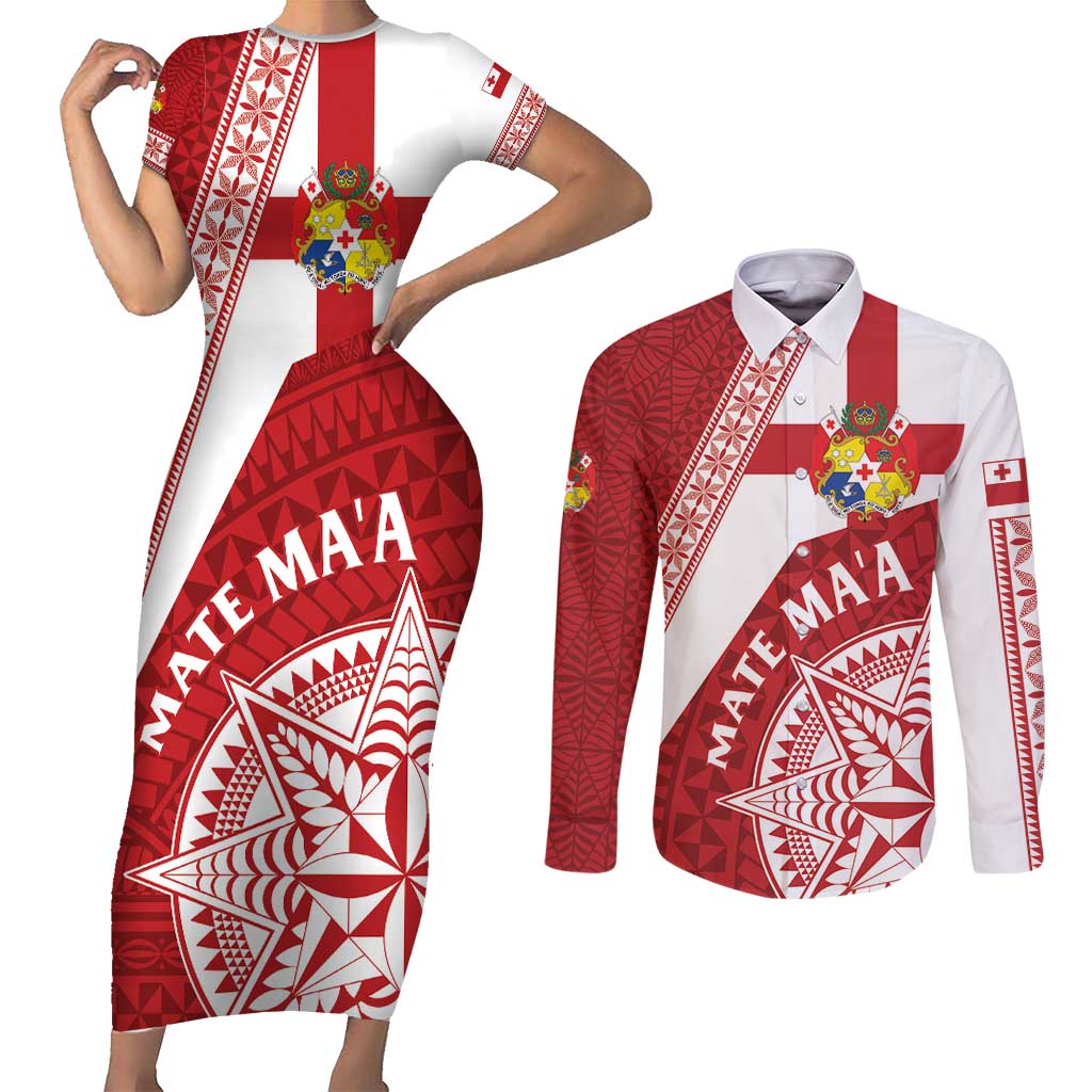 Custom Tonga Rugby Mate Maa Couples Matching Short Sleeve Bodycon Dress and Long Sleeve Button Shirt Ngatu Pattern LT01 Red - Polynesian Pride