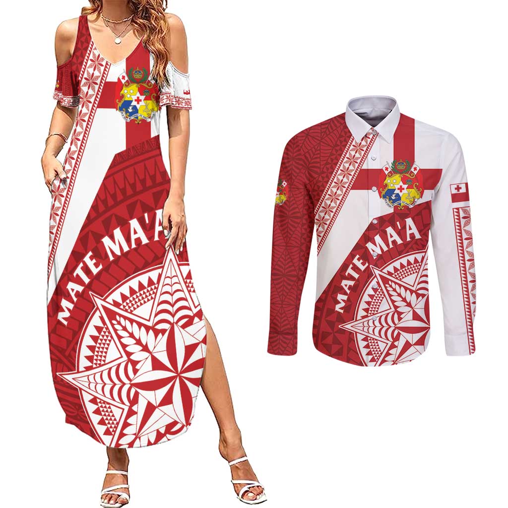 Custom Tonga Rugby Mate Maa Couples Matching Summer Maxi Dress and Long Sleeve Button Shirt Ngatu Pattern LT01 Red - Polynesian Pride