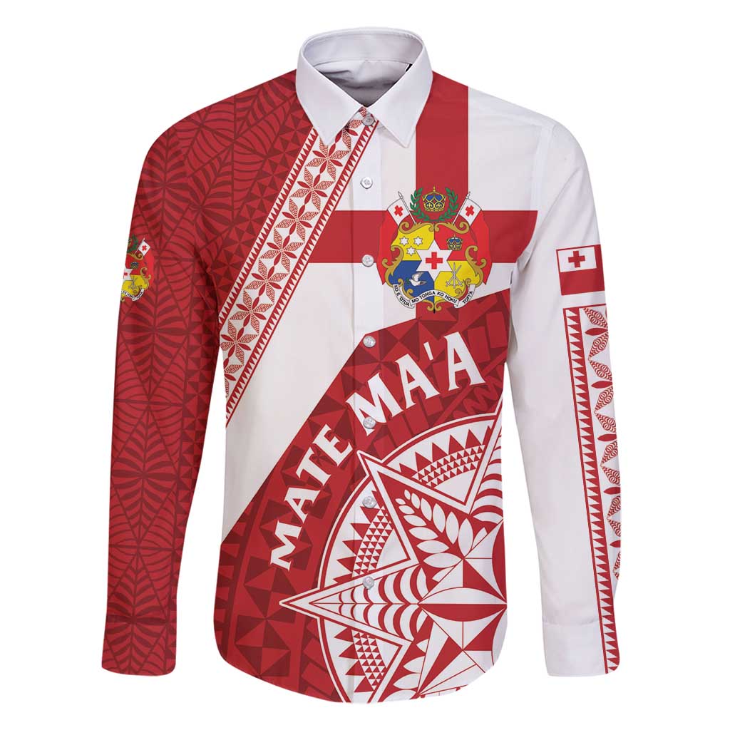 Custom Tonga Rugby Mate Maa Family Matching Tank Maxi Dress and Hawaiian Shirt Ngatu Pattern LT01 Dad's Shirt - Long Sleeve Red - Polynesian Pride