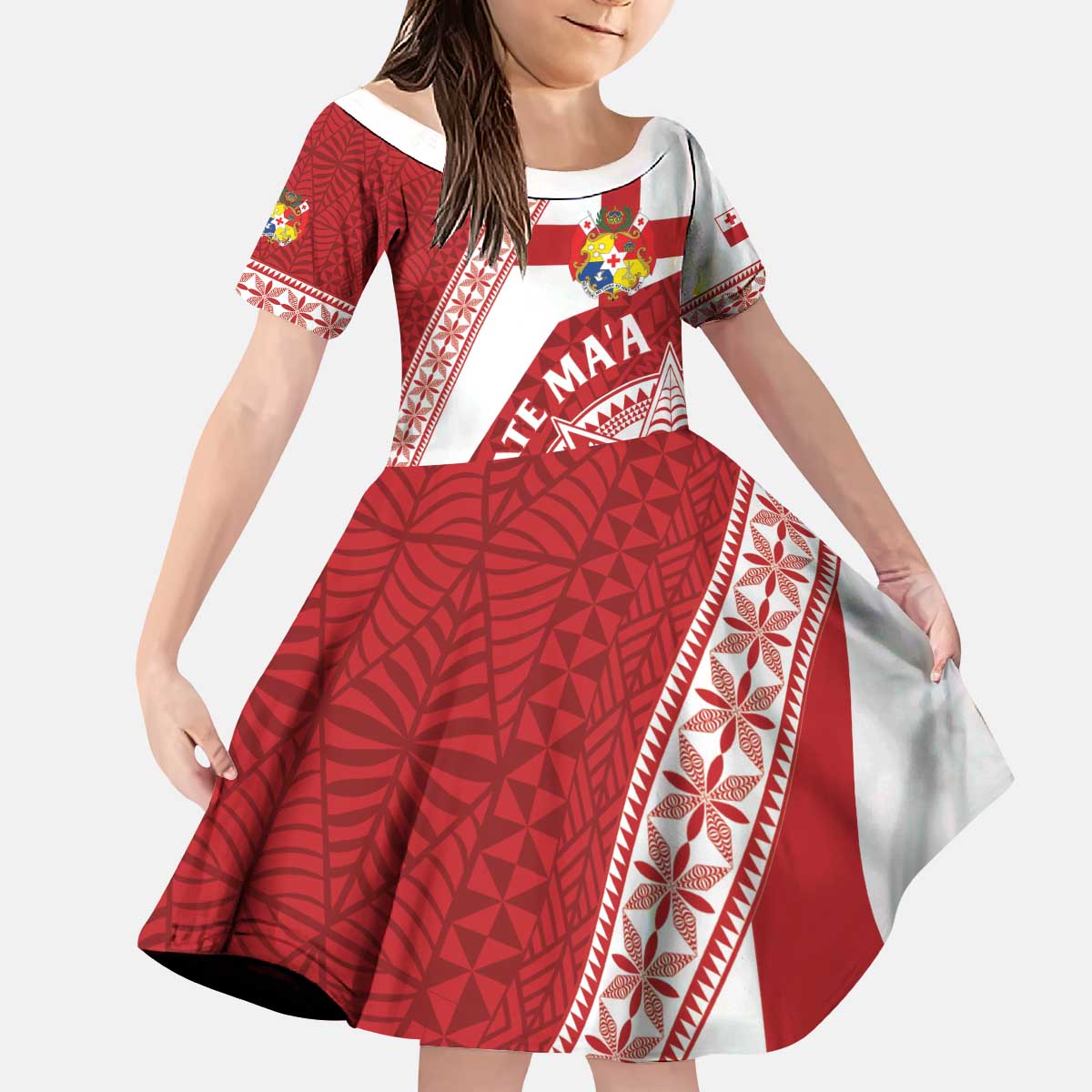 Custom Tonga Rugby Mate Maa Kid Short Sleeve Dress Ngatu Pattern LT01 KID Red - Polynesian Pride