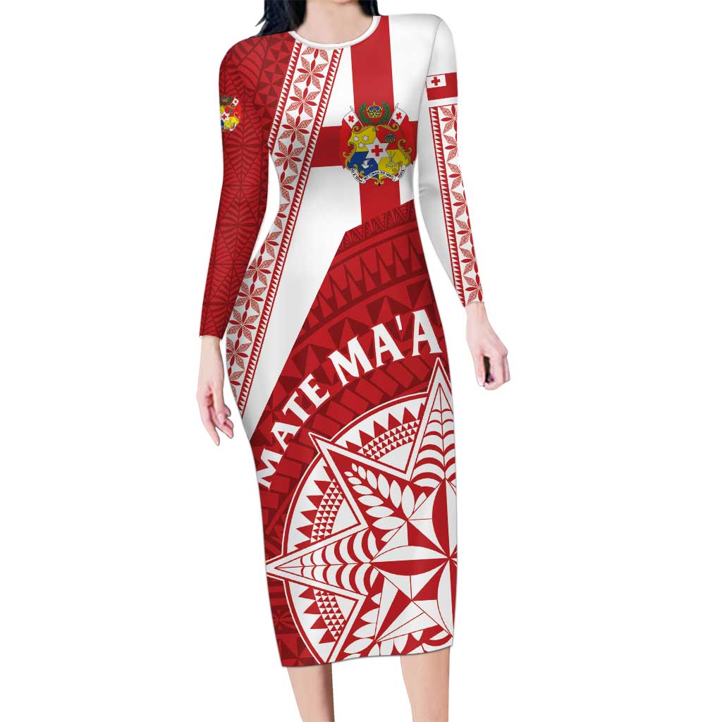 Custom Tonga Rugby Mate Maa Long Sleeve Bodycon Dress Ngatu Pattern LT01 Long Dress Red - Polynesian Pride