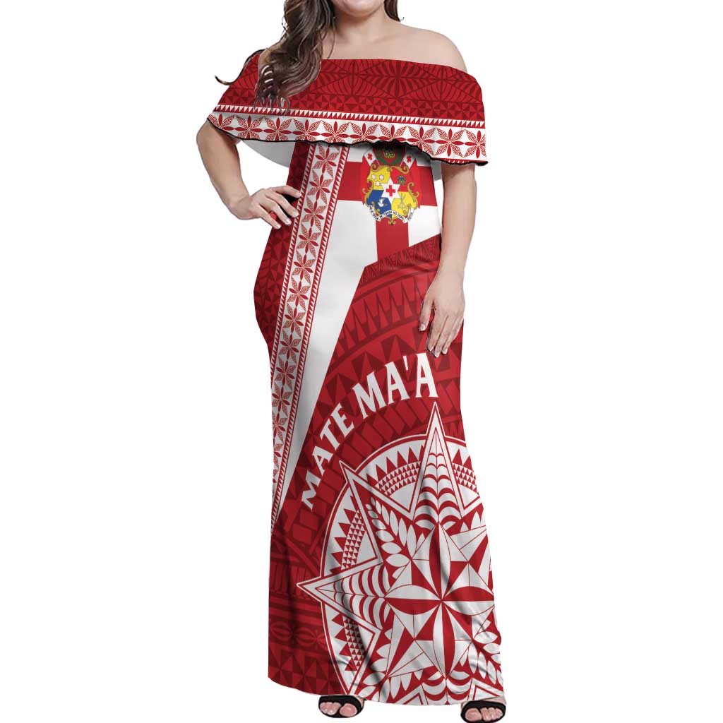 Custom Tonga Rugby Mate Maa Off Shoulder Maxi Dress Ngatu Pattern LT01 Women Red - Polynesian Pride