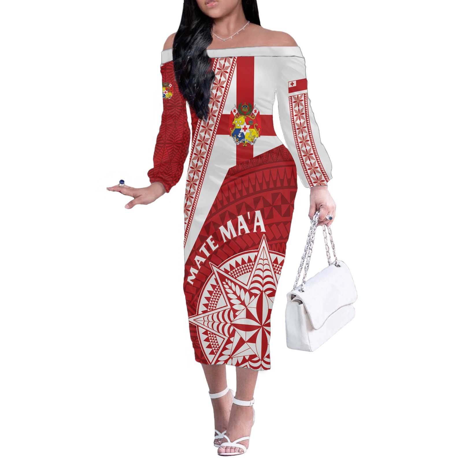 Custom Tonga Rugby Mate Maa Off The Shoulder Long Sleeve Dress Ngatu Pattern LT01 Women Red - Polynesian Pride
