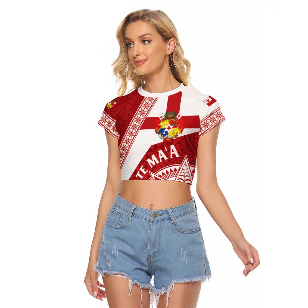 Custom Tonga Rugby Mate Maa Raglan Cropped T Shirt Ngatu Pattern LT01 Female Red - Polynesian Pride