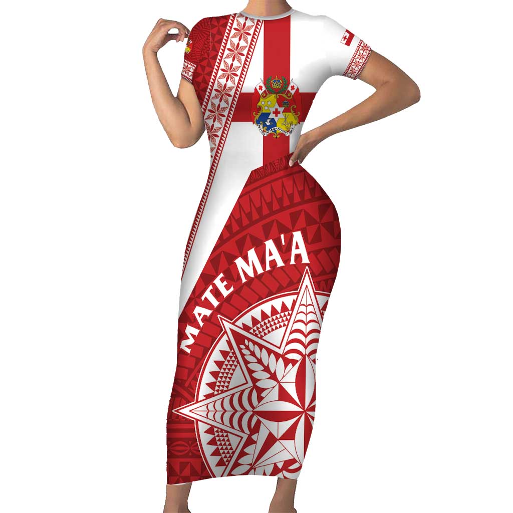 Custom Tonga Rugby Mate Maa Short Sleeve Bodycon Dress Ngatu Pattern LT01 Long Dress Red - Polynesian Pride