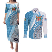 Custom Fiji Rugby Bati Couples Matching Puletasi and Long Sleeve Button Shirt Tapa Pattern LT01 Blue - Polynesian Pride