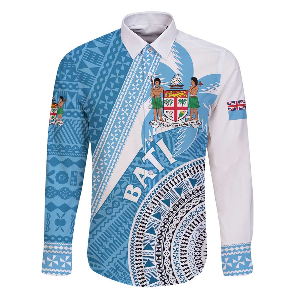 Custom Fiji Rugby Bati Family Matching Mermaid Dress and Hawaiian Shirt Tapa Pattern LT01 Dad's Shirt - Long Sleeve Blue - Polynesian Pride