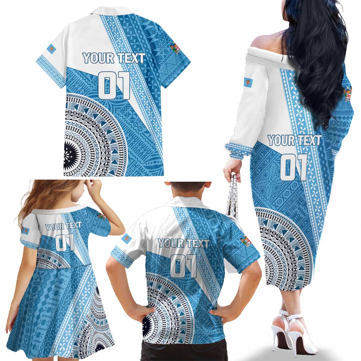 Custom Fiji Rugby Bati Family Matching Off The Shoulder Long Sleeve Dress and Hawaiian Shirt Tapa Pattern