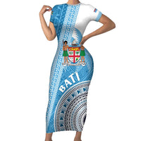 Custom Fiji Rugby Bati Short Sleeve Bodycon Dress Tapa Pattern LT01 Long Dress Blue - Polynesian Pride