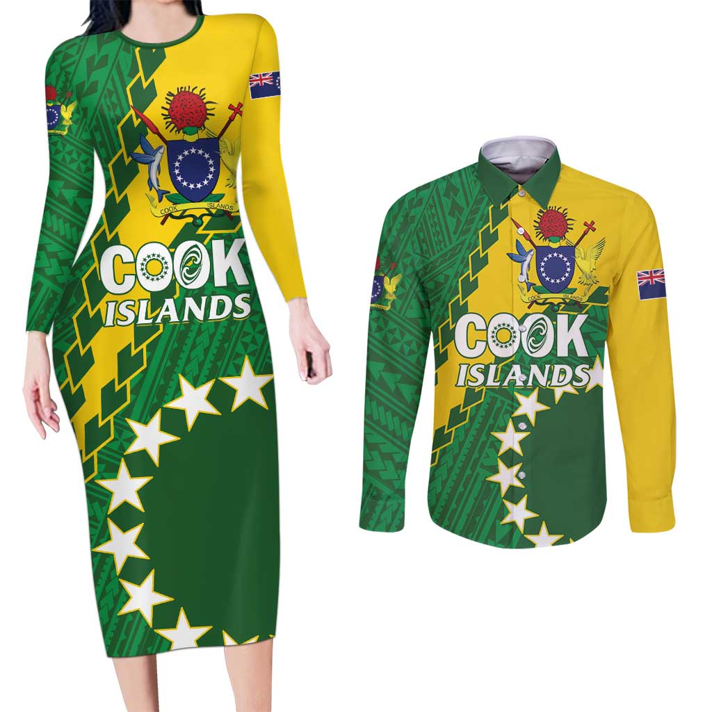 Custom Cook Islands Rugby Kukis Couples Matching Long Sleeve Bodycon Dress and Long Sleeve Button Shirt Circle Stars