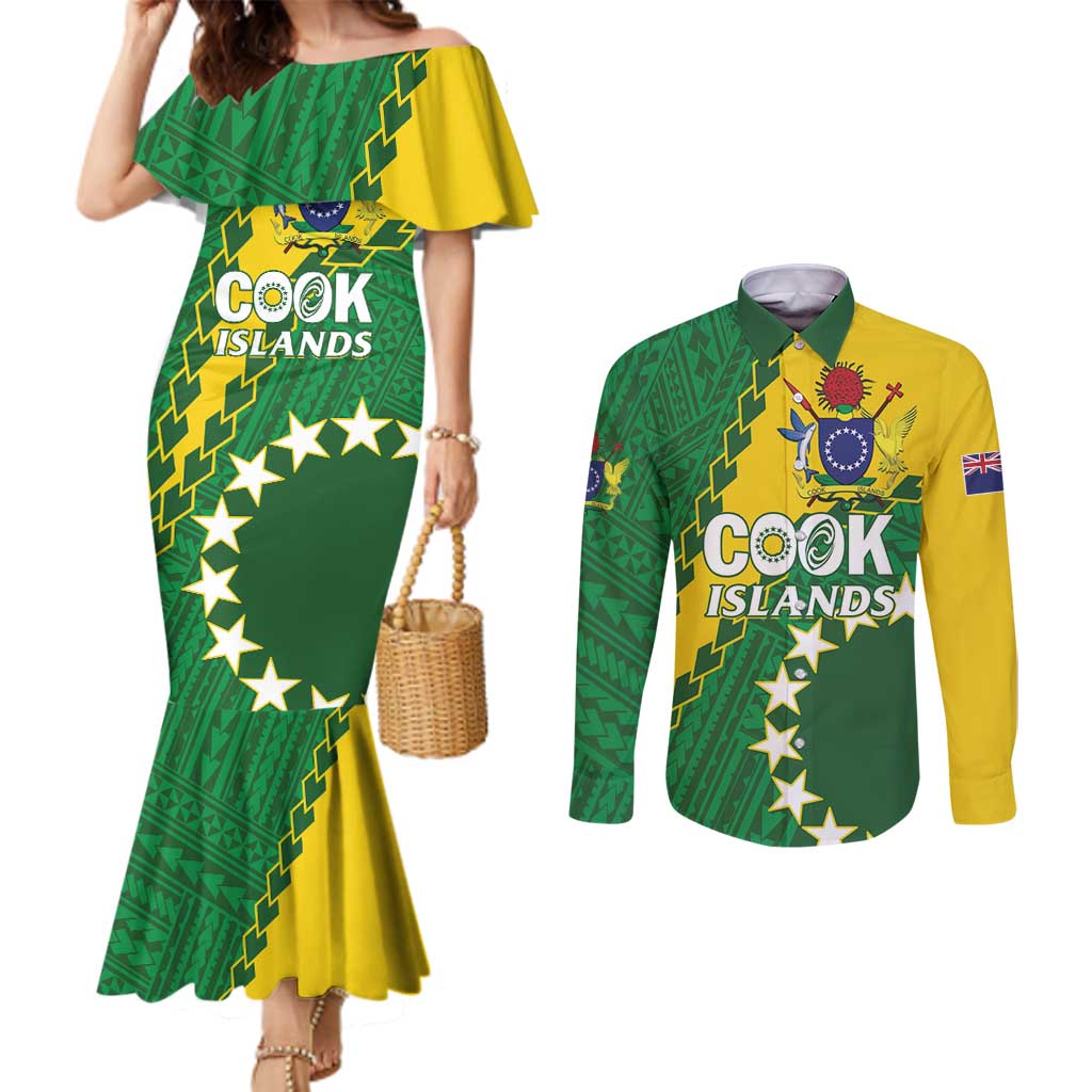Custom Cook Islands Rugby Kukis Couples Matching Mermaid Dress and Long Sleeve Button Shirt Circle Stars