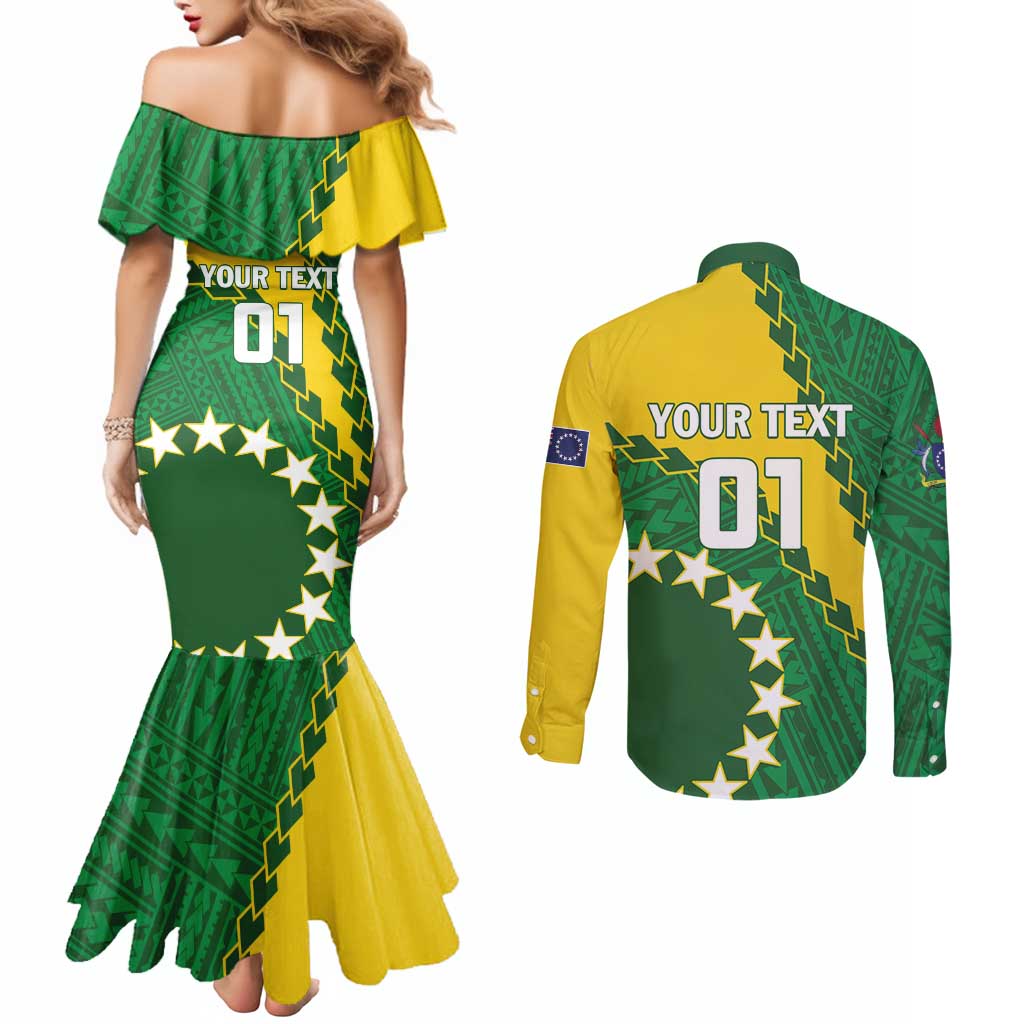 Custom Cook Islands Rugby Kukis Couples Matching Mermaid Dress and Long Sleeve Button Shirt Circle Stars