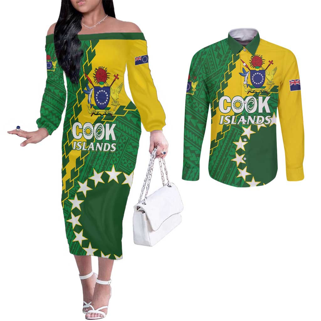 Custom Cook Islands Rugby Kukis Couples Matching Off The Shoulder Long Sleeve Dress and Long Sleeve Button Shirt Circle Stars