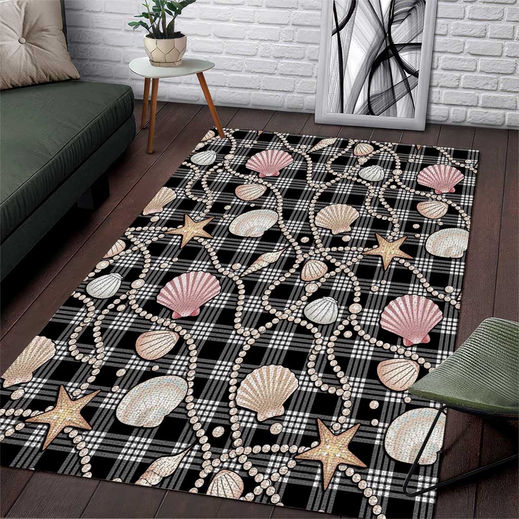 Hawaiian Ocean Seashells Area Rug Black Palaka Pattern