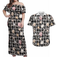 Hawaiian Ocean Seashells Couples Matching Off Shoulder Maxi Dress and Hawaiian Shirt Black Palaka Pattern