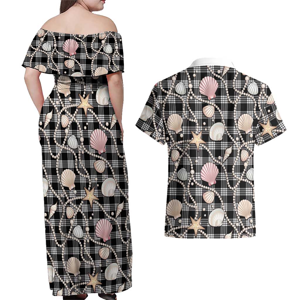 Hawaiian Ocean Seashells Couples Matching Off Shoulder Maxi Dress and Hawaiian Shirt Black Palaka Pattern