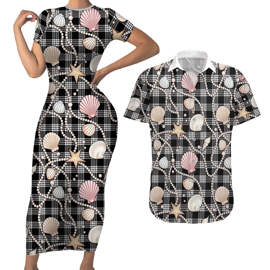 Hawaiian Ocean Seashells Couples Matching Short Sleeve Bodycon Dress and Hawaiian Shirt Black Palaka Pattern LT01 Black - Polynesian Pride