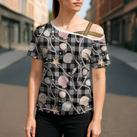 Hawaiian Ocean Seashells Cross Shoulder Shirt Black Palaka Pattern LT01 - Polynesian Pride